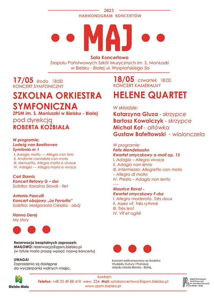 czerwone napisy na białym tle. Harmonogram koncertów Maj 2023 w sali koncertowej ZPSM w Bielsku Białej czerwone napisy na białym tle. Harmonogram koncertów Maj 2023 w sali koncertowej ZPSM w Bielsku Białej 