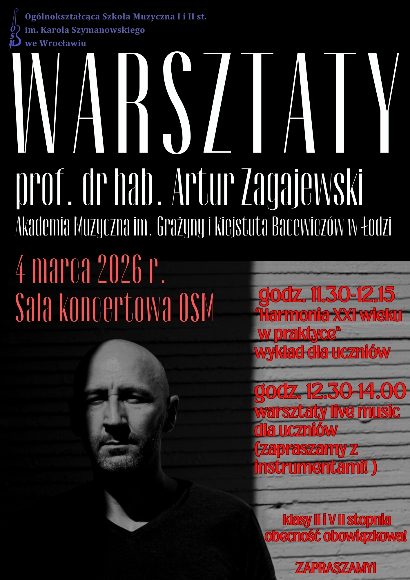 plakat w ciemnej kolorystyce zapowiadający warsztaty z prof. dr hab. Arturem Zagajewskim