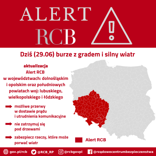 Alert RCB 29 czerwca – burze z gradem i silny wiatr – aktualizacja