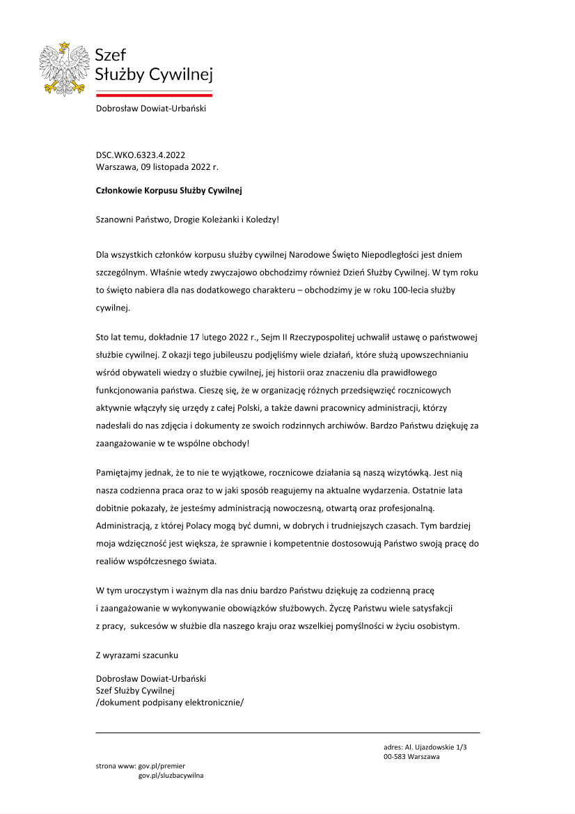 List Szefa Korpusu Służby Cywilnej 