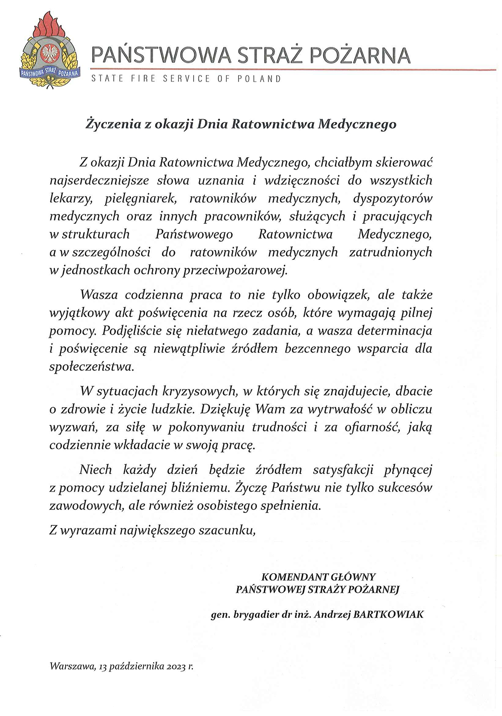 Życzenia Komendanta Głównego PSP z okazji Dnia Ratownictwa Medycznego