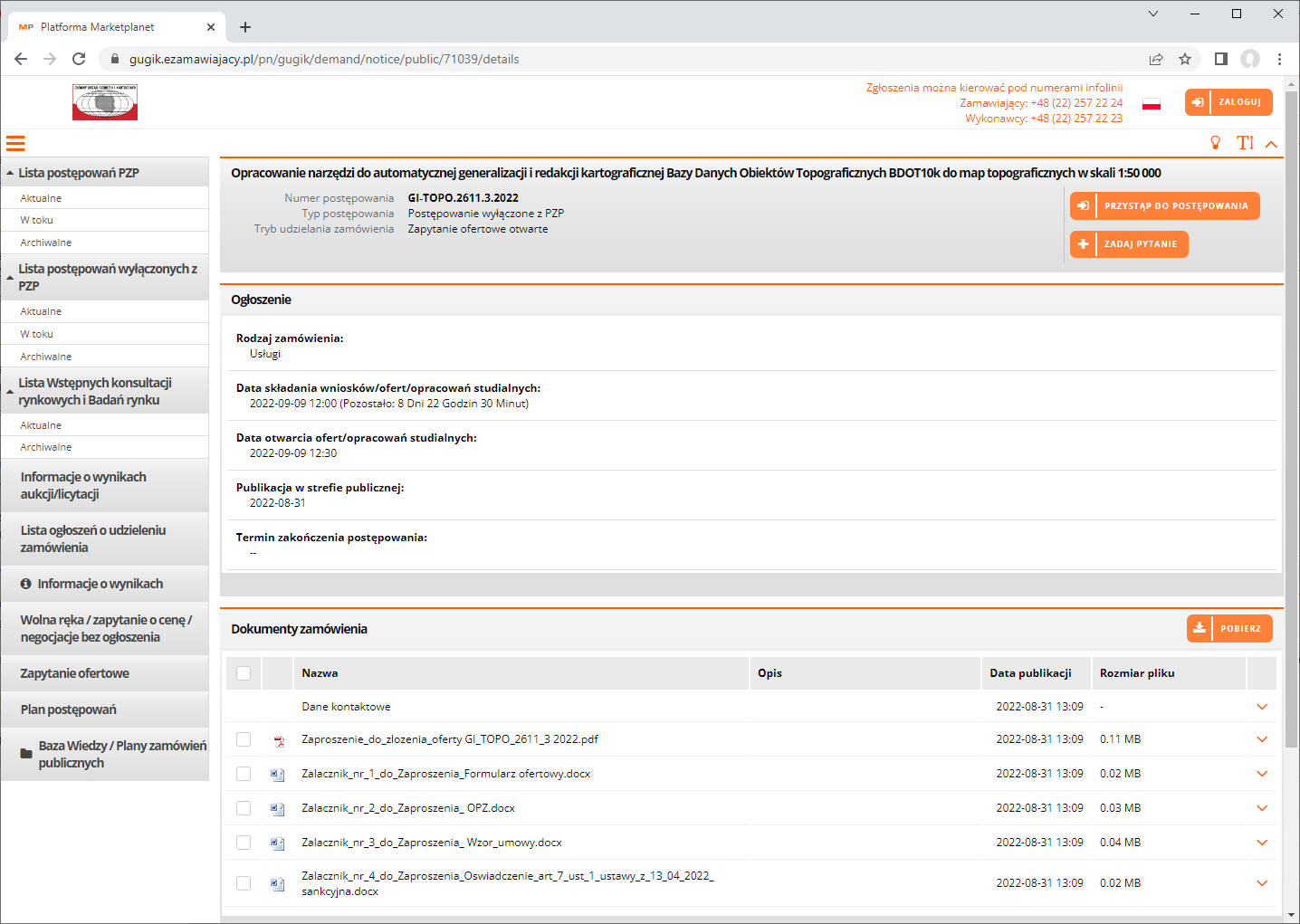 Rysunek przedstawia zrzut z serwisu eZamawiający z opublikowanym przetargiem na opracowanie narzędzi do automatycznej produkcji map topograficznych w skali 1:50 000.