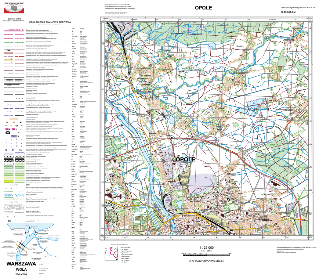 Grafika przedstawia przykładową wizualizację kartograficzną BDOT10k w skali 1 25000 dla Poznania.