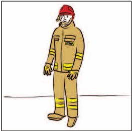 Rysunek przedstawia strażaka w ubraniu specjalnym w kolorze piaskowym. Na głowie ma czerwony hełm