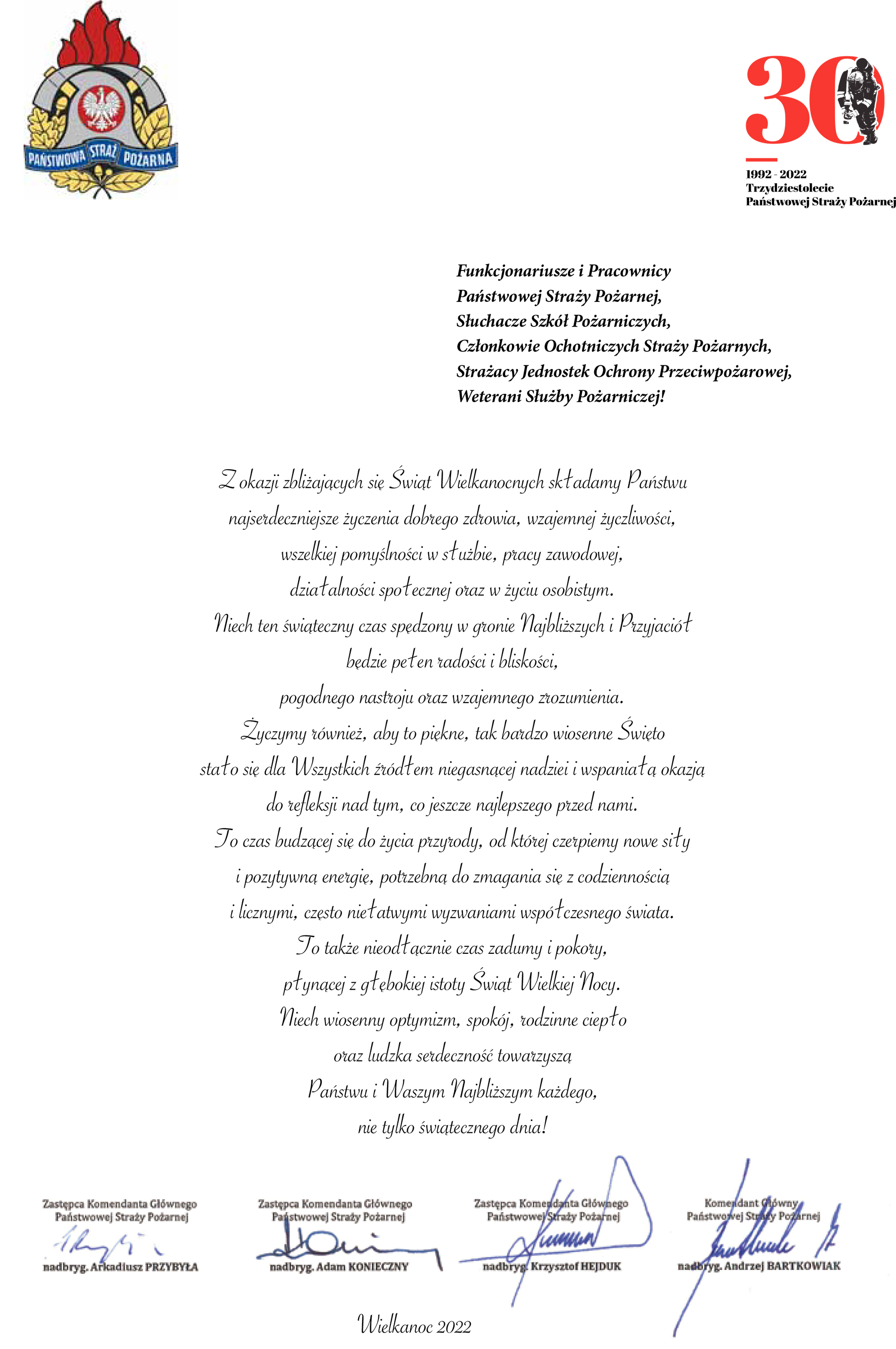Życzenia Komendanta Głównego PSP z okazji zbliżających się Świąt Wielkanocnych