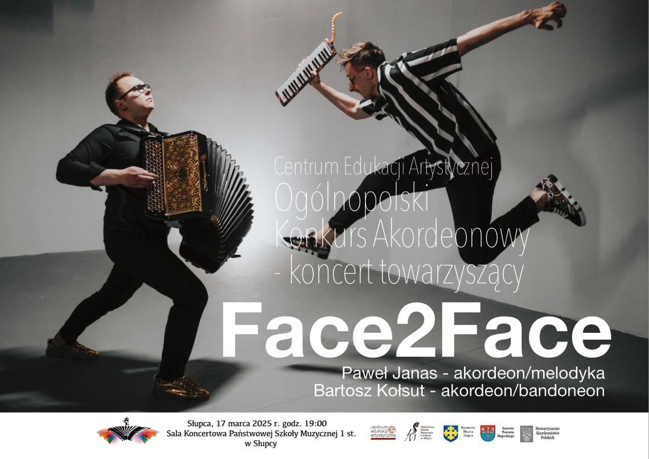 informacja o koncercie towarzyszącym konkursowi akordeonowemu, po lewej mężczyzna z akordeonem, po prawej mężczyzna podczas skoku trzymający w ręku melodykę, szare tło