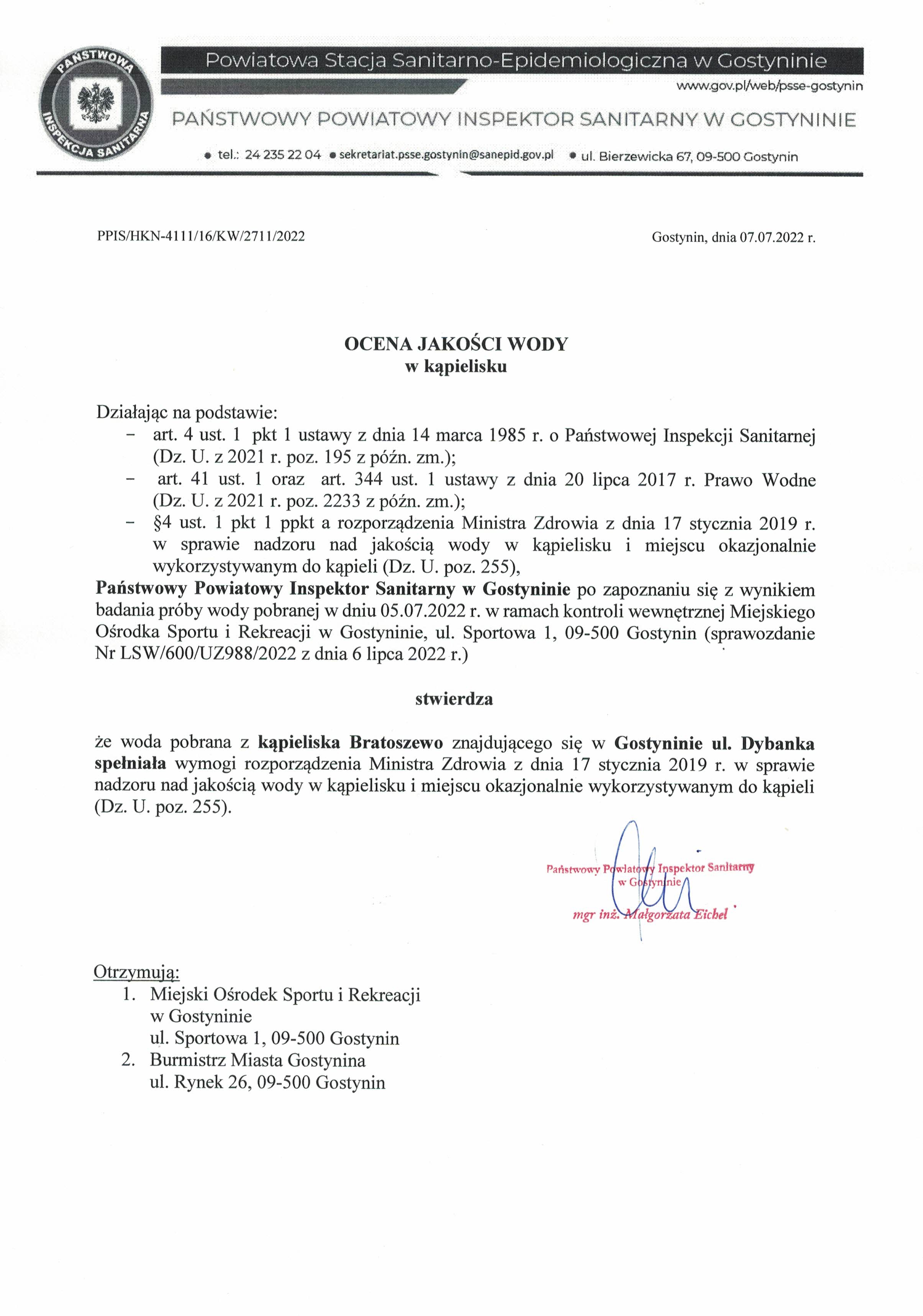 Ocena jakości wody w kąpielisku Bratoszewo-grafika