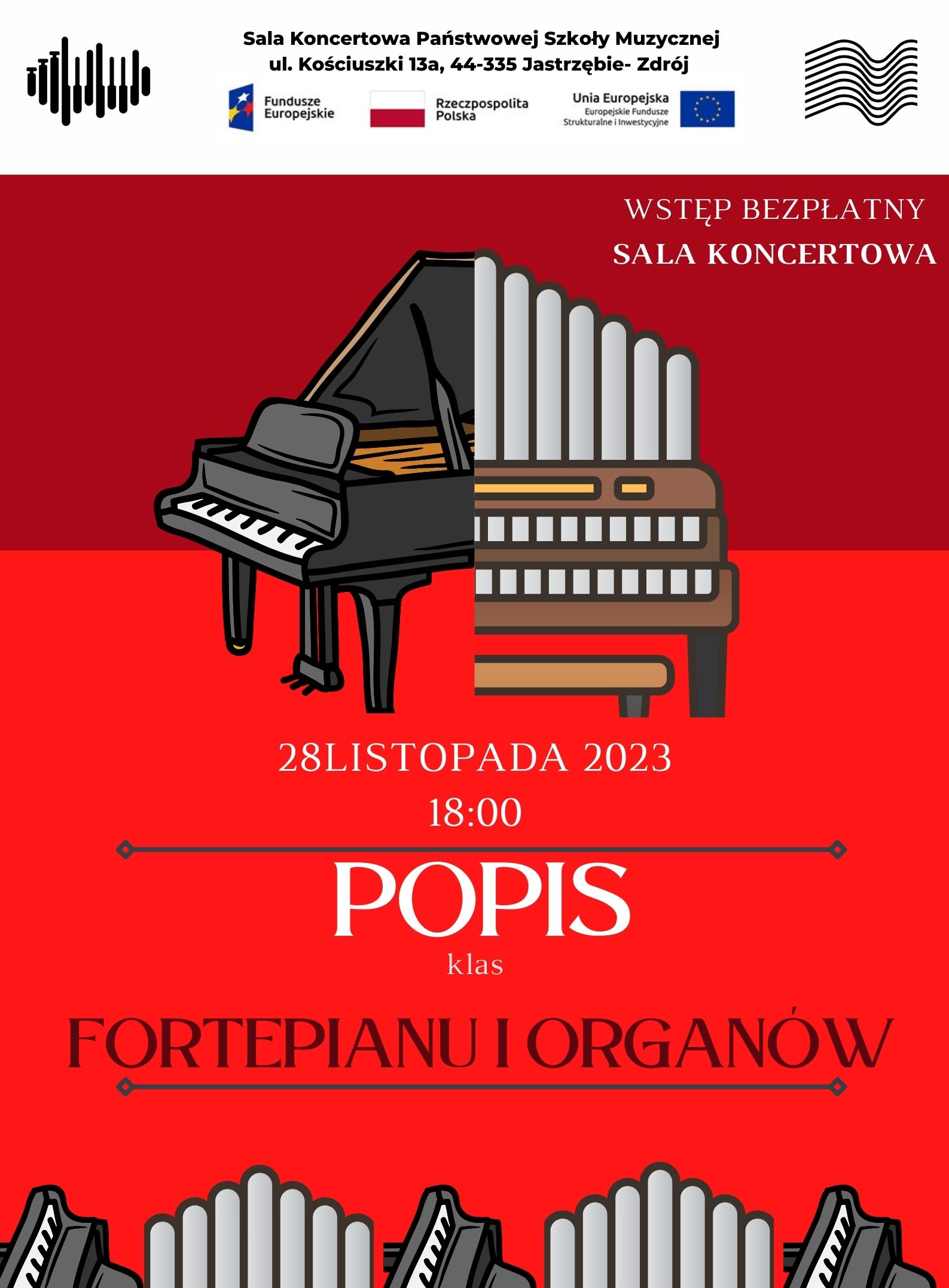 Plakat na Popis klas fortepianu i organów.