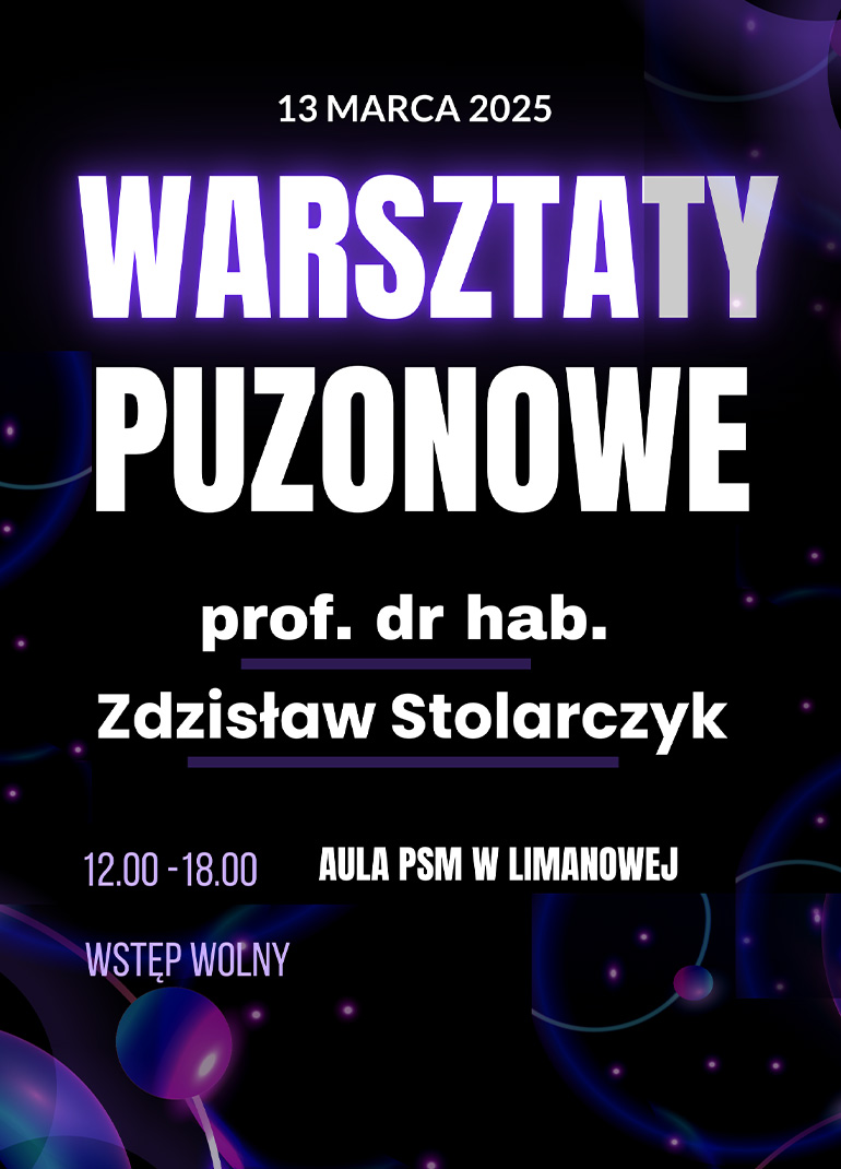 Plakat tekst 13 marca 2025 warsztaty puzonowe profesor doktor habilitowany Zdzisław Stolarczyk Aula PSM w Limanowej w godzinach od 12.00 do 18.00 wstęp wolny, tło czarno niebieskie 