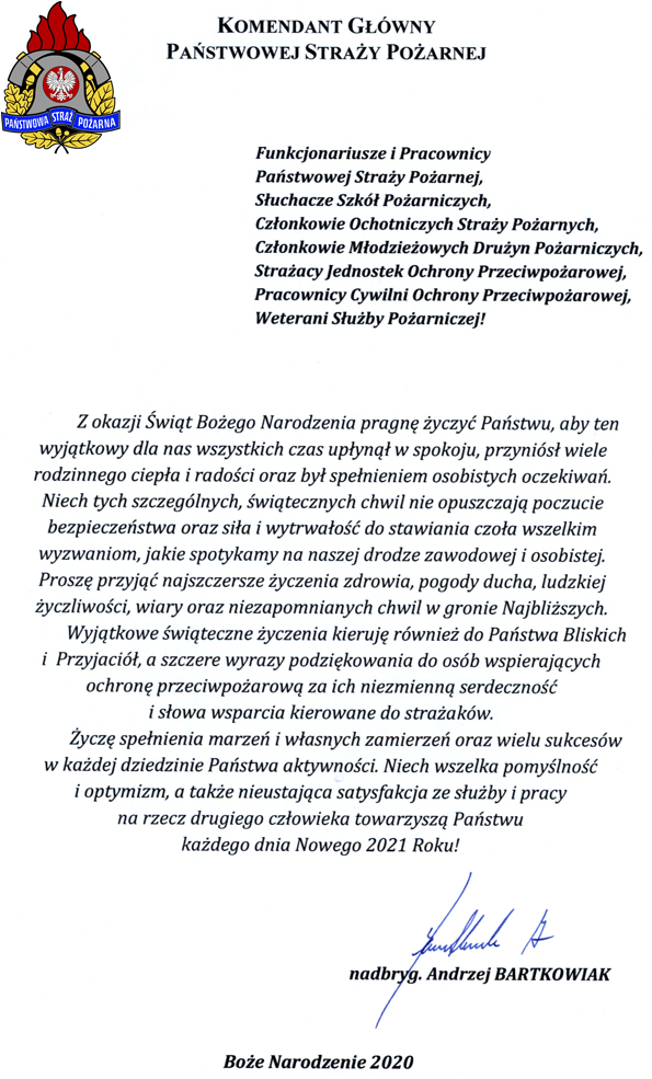 List z życzeniami Komendanta Głównego