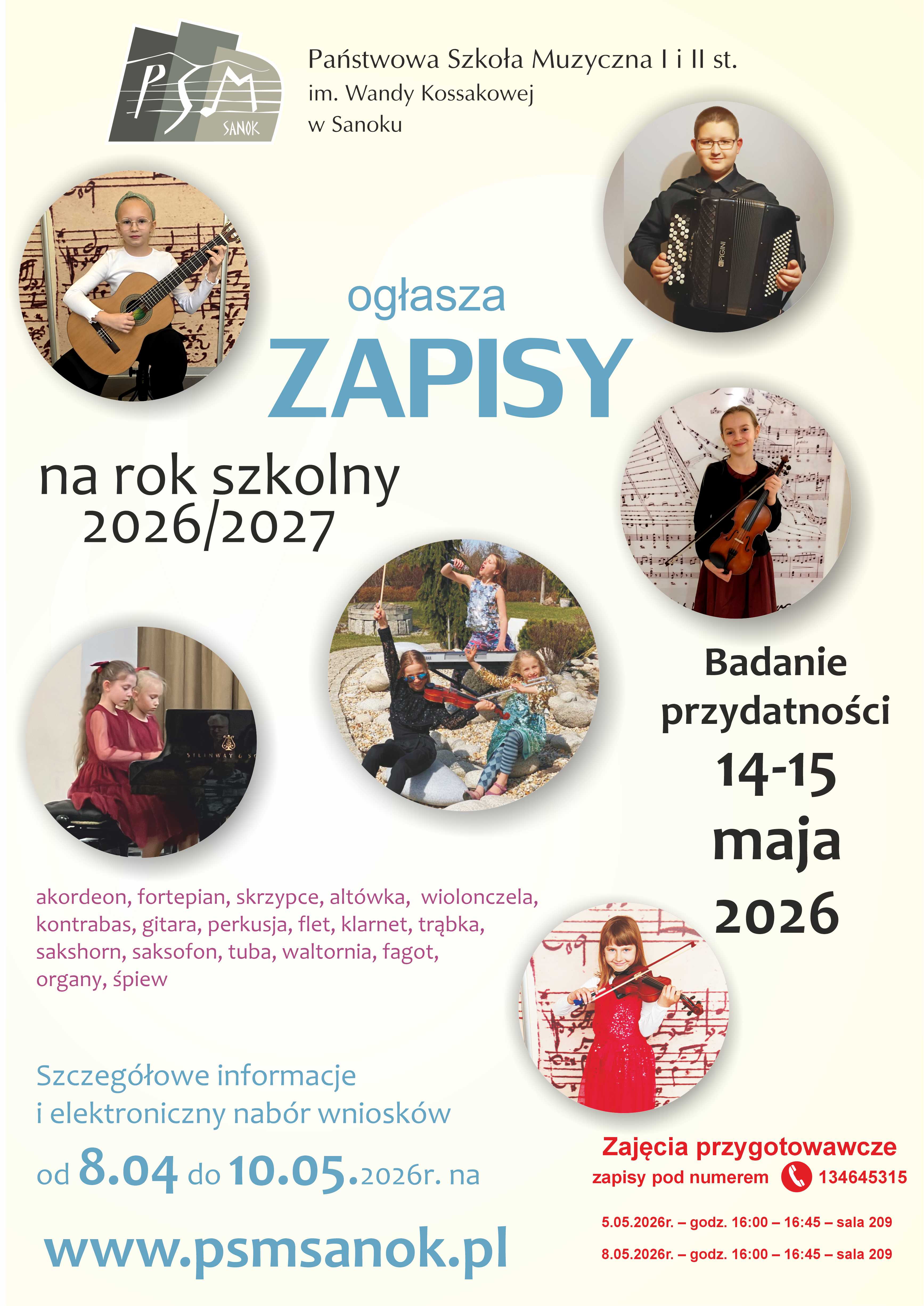 Plakat zapisy 2026-2027. Informacje o zapisach, w tle uczniowie z instrumentami