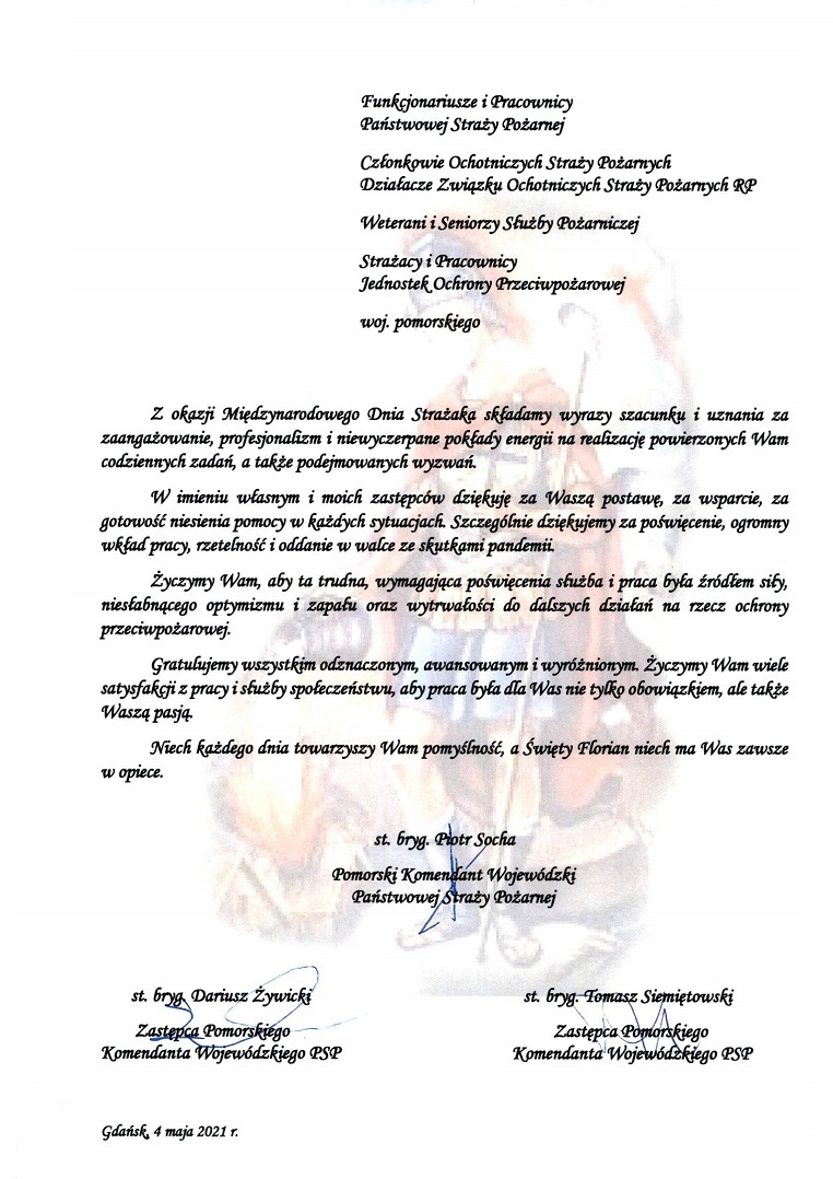 Życzenia z okazji Dnia Strażaka kierownictwa KW PSP 
