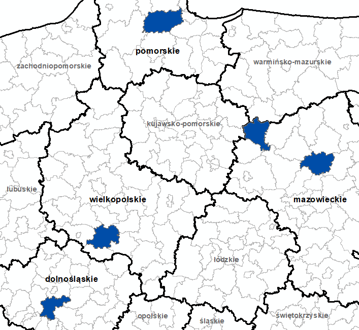 Ilustracja przedstawia obszary powiatów objętych aktualizacją zbiorów danych BDOT10k.