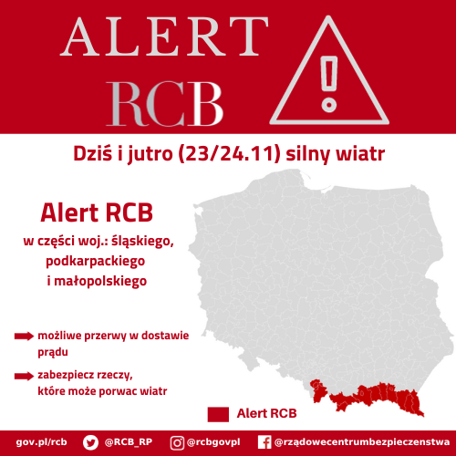 Alert RCB - 23 listopada - silny wiatr.