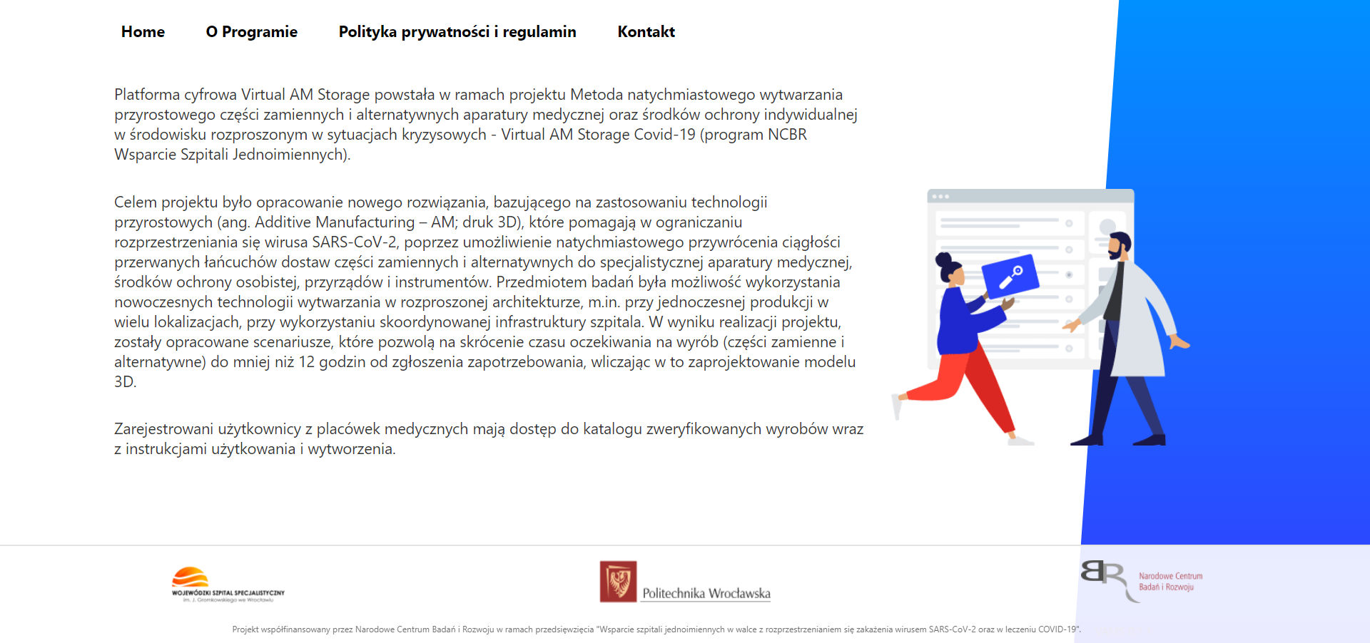 Podstrona „O programie” pilotażowej platformy cyfrowej – Virtual AM Storage – Covid-19