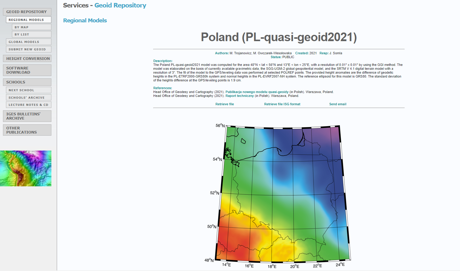 Ilustracja przedstawia stronę internetową serwisu ISG na której umieszczono model quasi-geoidy PL-quasi-geoid2021.
