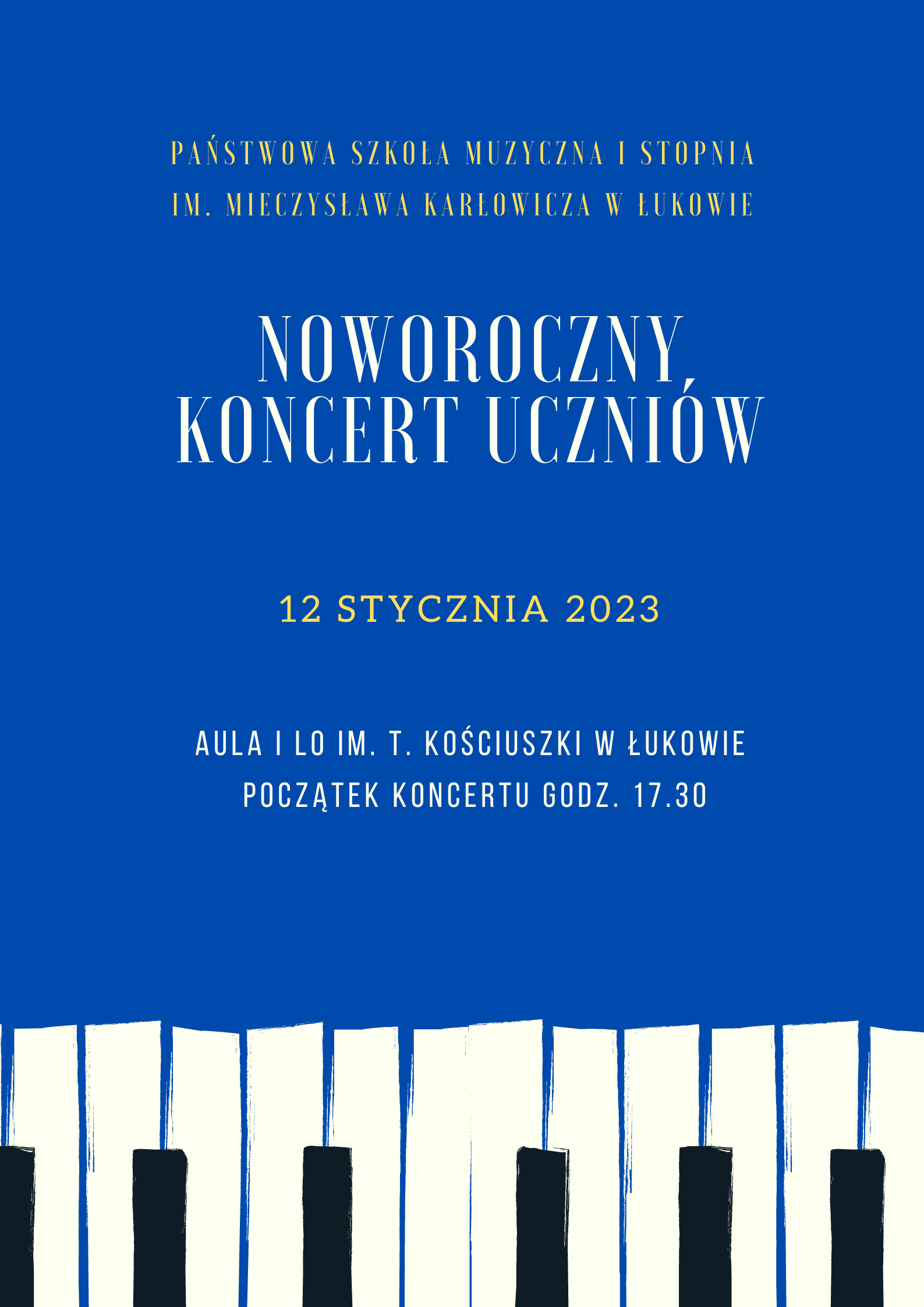 Plakat informujący o noworocznym koncercie uczniów w dniu 12 stycznia 2023