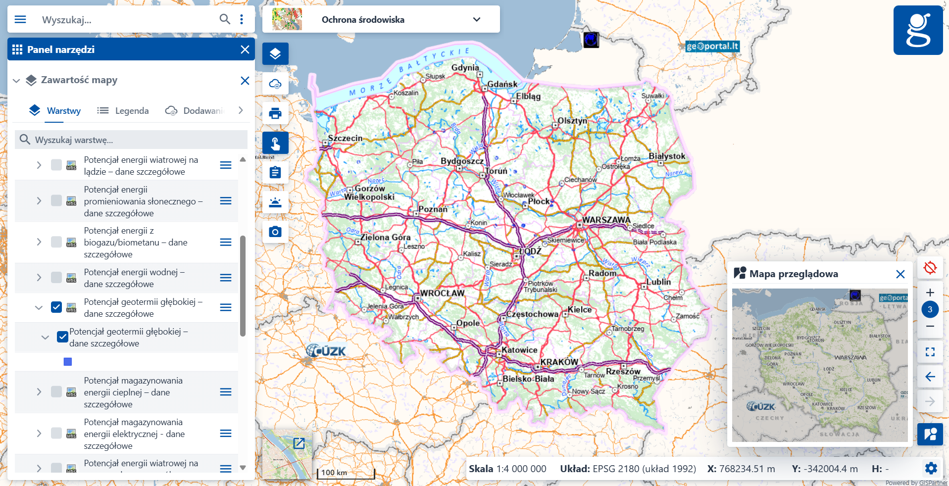 Zrzut ekranu z serwisu www.geoportal.gov.pl, prezentujący nową usługę "Potencjał geotermii głębokiej – dane szczegółowe"