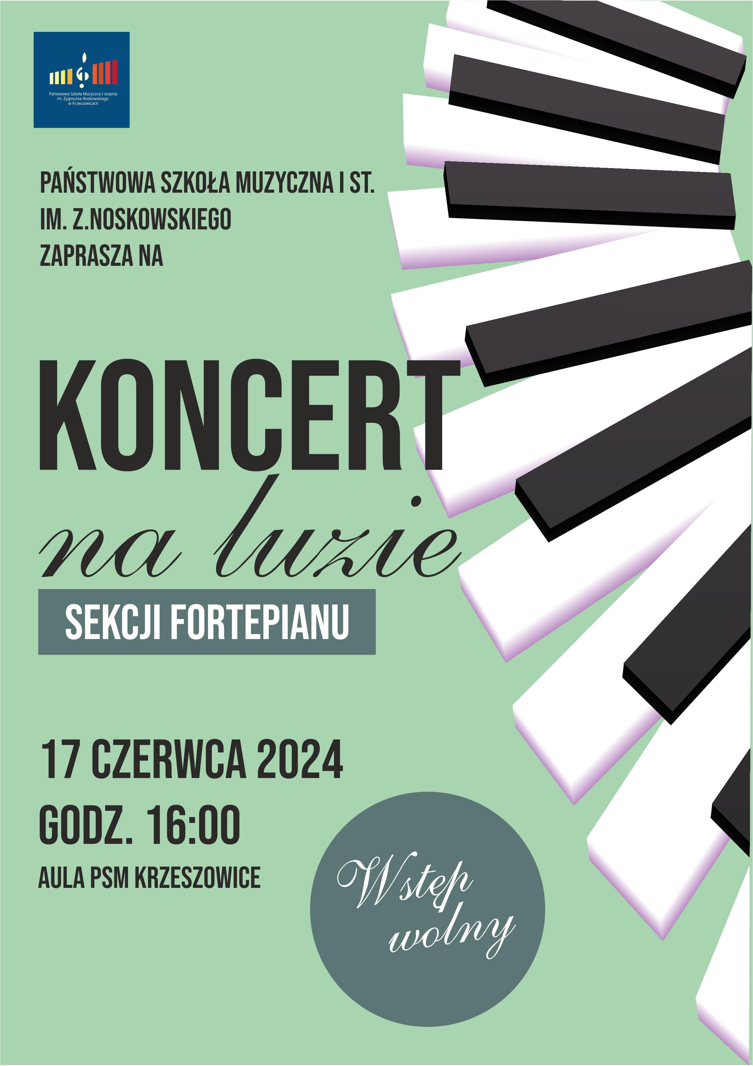 Plakat na różowym tle, na górze od lewej, logo PSM I st. w Krzeszowicach i napis: Państwowa Szkoła Muzyczna I st. im. Zygmunta Noskowskiego w Krzeszowicach zaprasza na, i niżej: koncert na luzie sekcji fortepianu. I niżej: 21 czerwca 2023 godz. 16:00 Aula PSM Krzeszowice. Wstęp Wolny. Po prawej od góry do dołu grafika klawiatury.