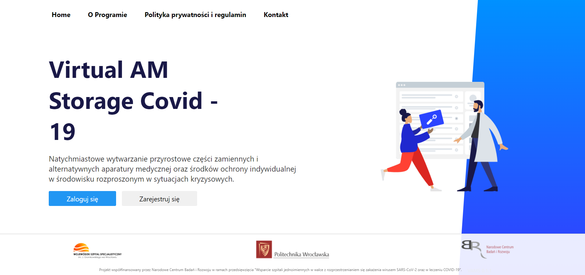 Strona główna pilotażowej platformy cyfrowej – Virtual AM Storage – Covid-19