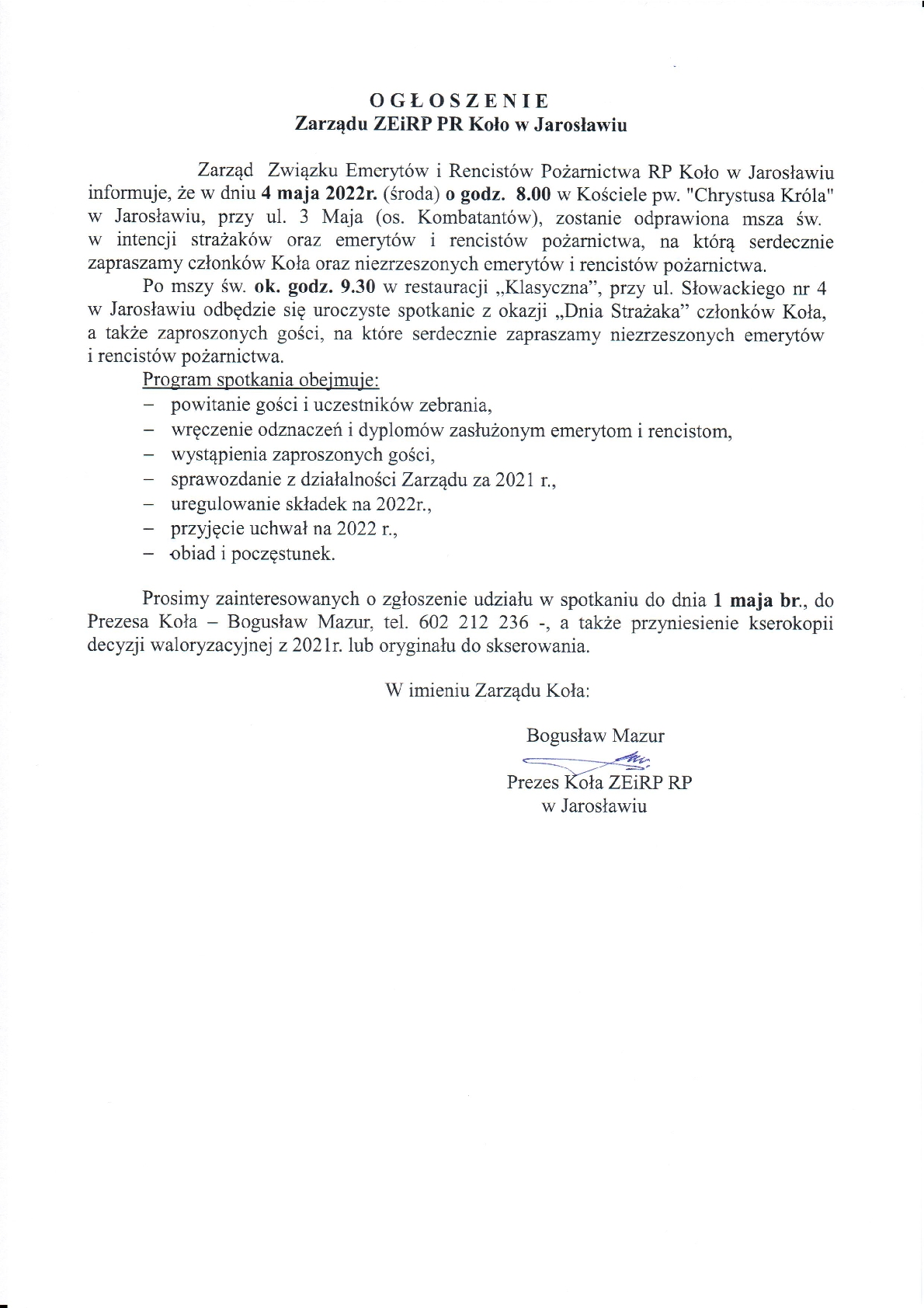 Ogłoszenie Prezesa Koła ZEiRP RP w Jarosławiu