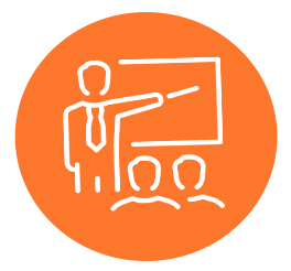 na środku kółko pomarańczowe a w nim ikonka mężczyzny wskazującego na tablicę oraz ikonki 2 mężczyzn skierowanych w stronę tablicy.