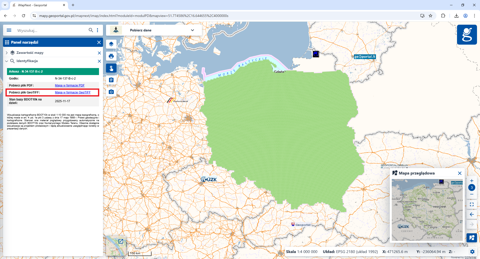 Ilustracja przedstawia zrzut ekranu z serwisu www.geoportal.gov.pl prezentujący link do pobrania pliku z wizualizacją kartograficzną BDOT10k w skali 1:10 000 w formacie GeoTIFF.