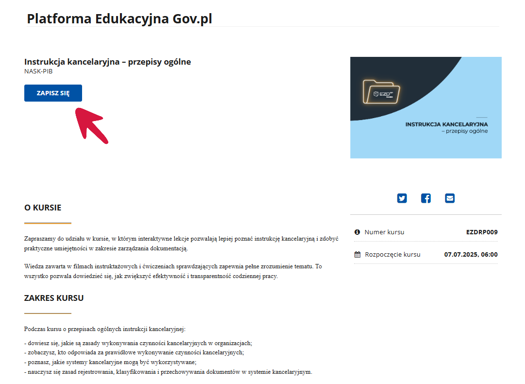 Strona główna kursu „Instrukcja kancelaryjna – przepisy ogólne”.
