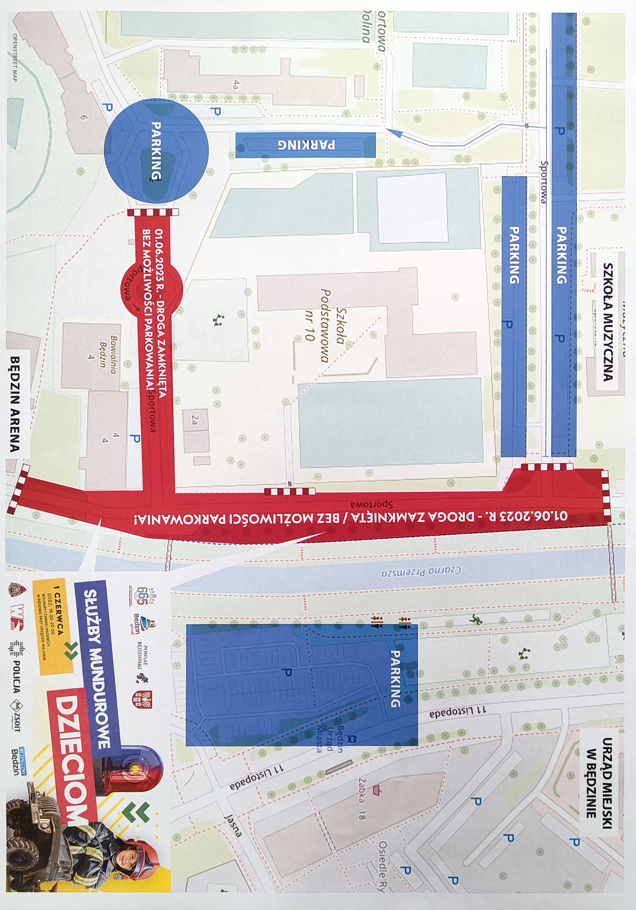 mapa tereny wokół szkoły z zaznaczeniem na czerwono zamkniętych terenów