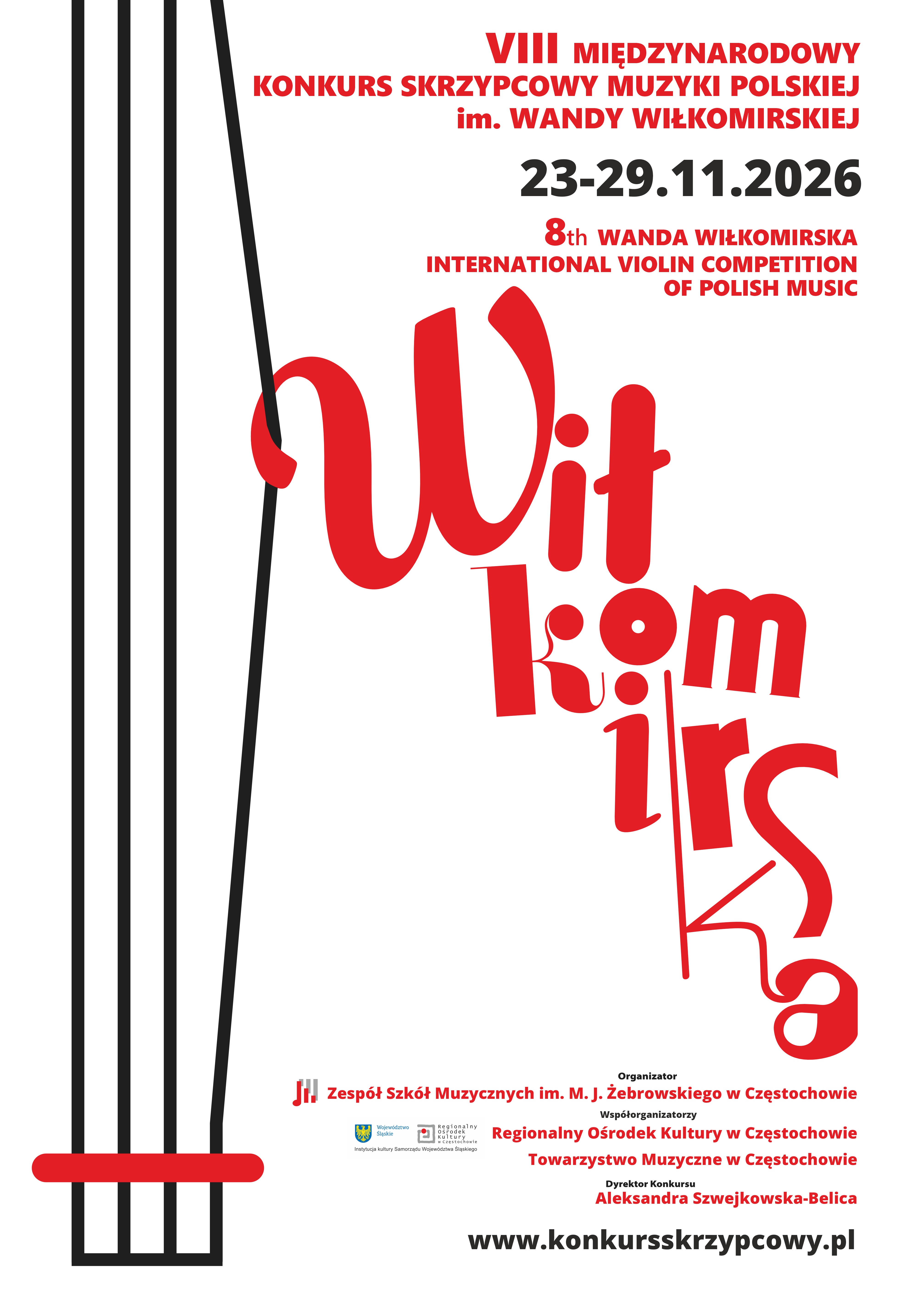 Białe tło, logo konkursu, tekst dotyczący konkursu Wiłkomirskiej
