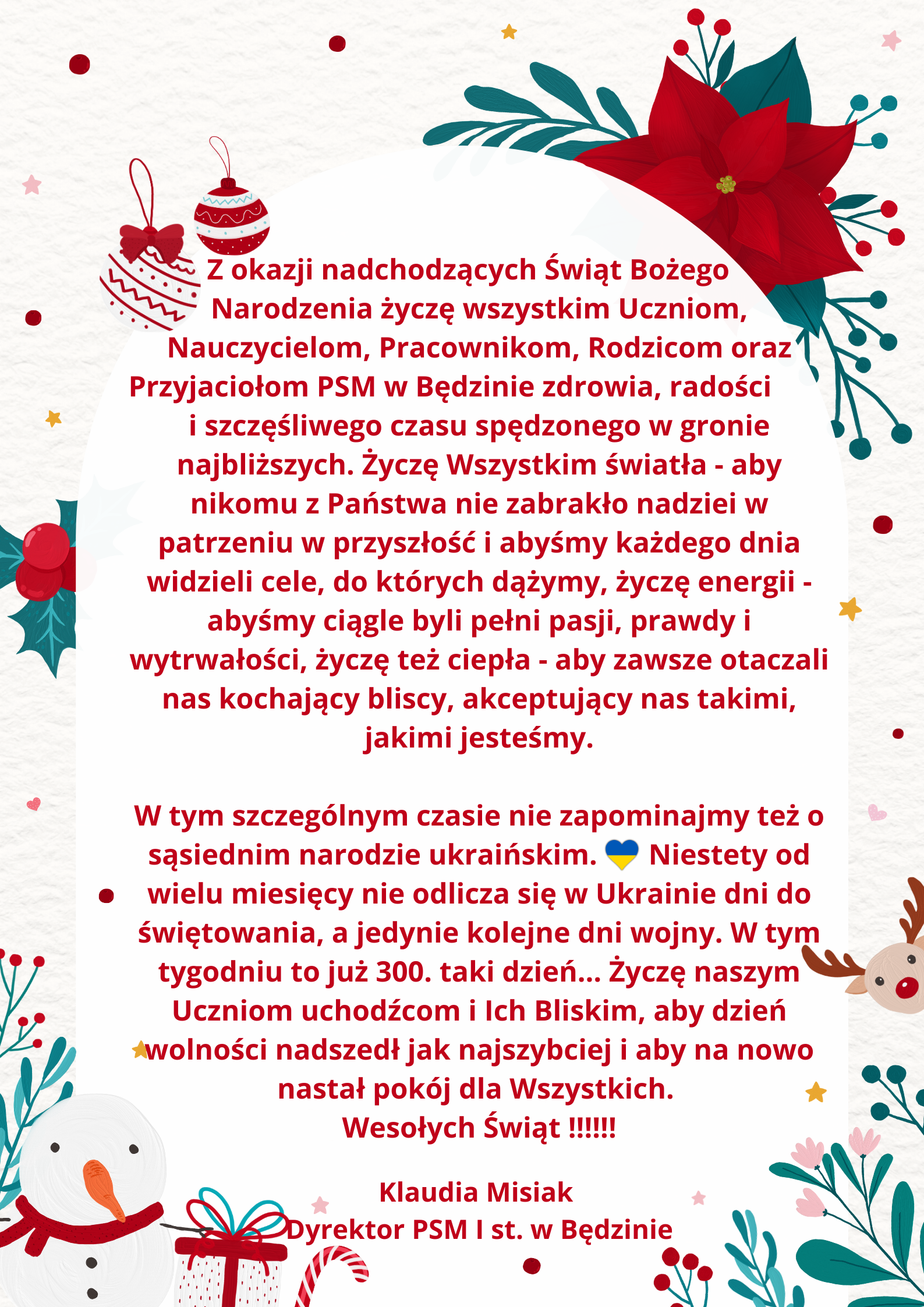 plakat na jasnym tle, na środku znajduję się treść życzeń, w górnym prawym rogu ikonografia kwiatu gwiazdy betlejemskiej, ramka z motywami świątecznymi