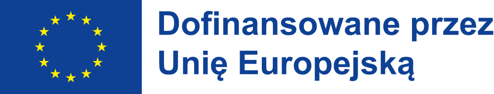 Grafika przedstawia znak „Dofinansowane przez Unię Europejską” z flagą Unii Europejskiej po lewej stronie. Na granatowym tle widoczny jest krąg żółtych gwiazd oraz duży niebieski napis informujący o dofinansowaniu ze środków UE.