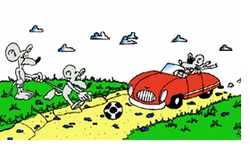 rysunek przedstawia sytuację w której dwie myszki grają w piłkę w pobliżu ulicy. Piłka wpada wprost pod nadjeżdżający samochód prowadzony przez trzecią myszkę.