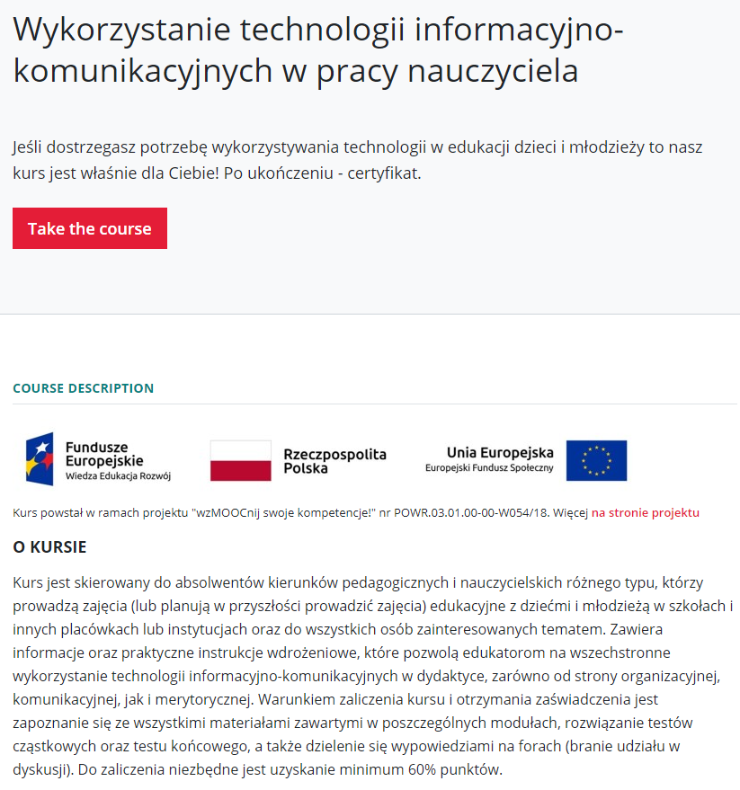 Zrzut z ekranu, wprowadzenie do kursu „Wykorzystanie technologii informacyjno-komunikacyjnych w pracy nauczyciela” na platformie navoica.pl.