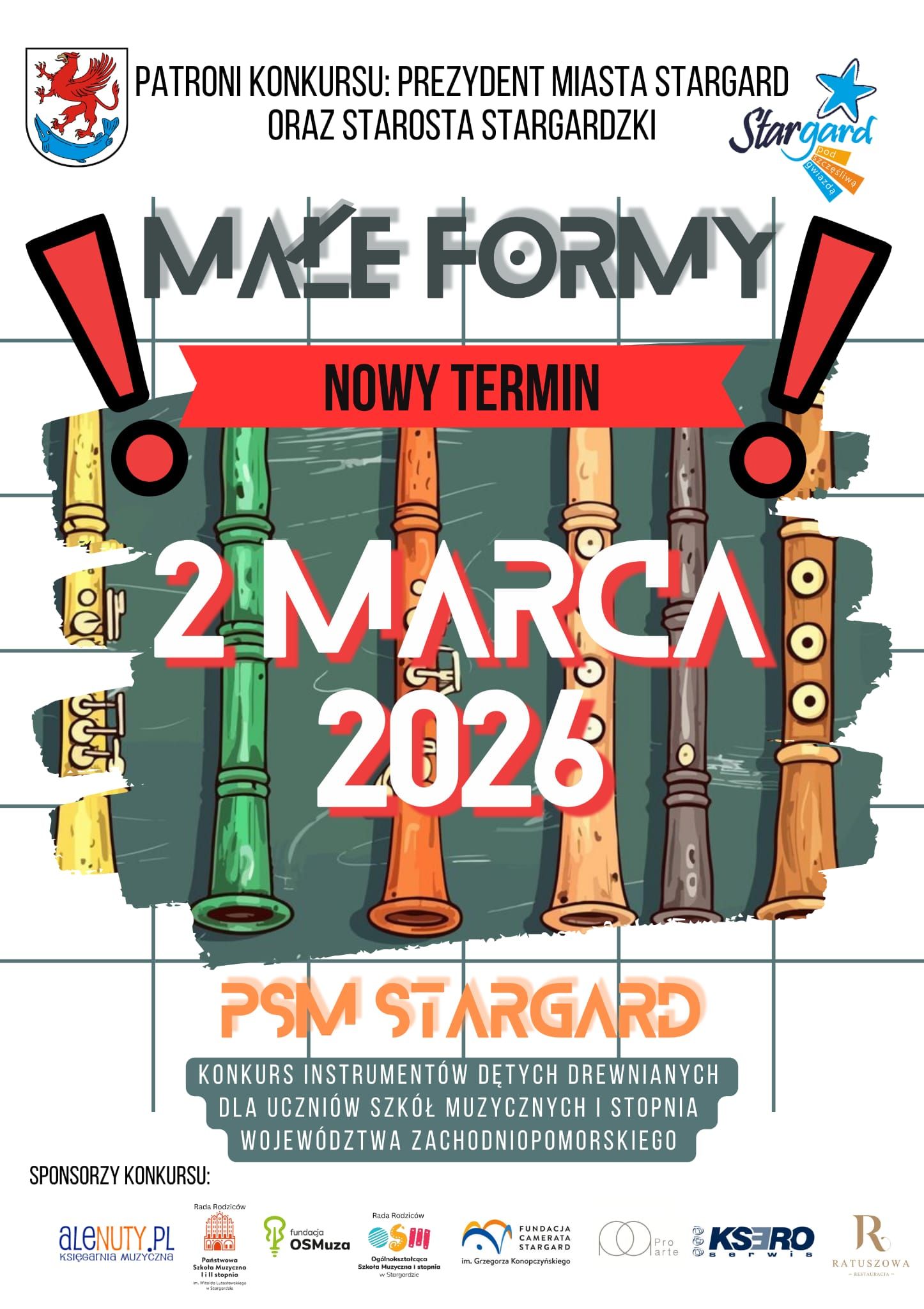 2. Regionalny Konkurs Instrumentów Dętych Drewnianych "Małe Formy" dla uczniów klas II-VI szkół muzycznych I stopnia oraz klas I-II PSM II stopnia i VII-VIII OSM I stopnia województwa zachodniopomorskiego przełożony na dzień 02.03.2026. Tło plakatu jest białe i ozdobione zieloną kratką, a w jego centralnej części znajduje się kolorowy obrazek z dętymi drewnianymi instrumentami, które zaprezentowane na zielonym butelkowym tle. 