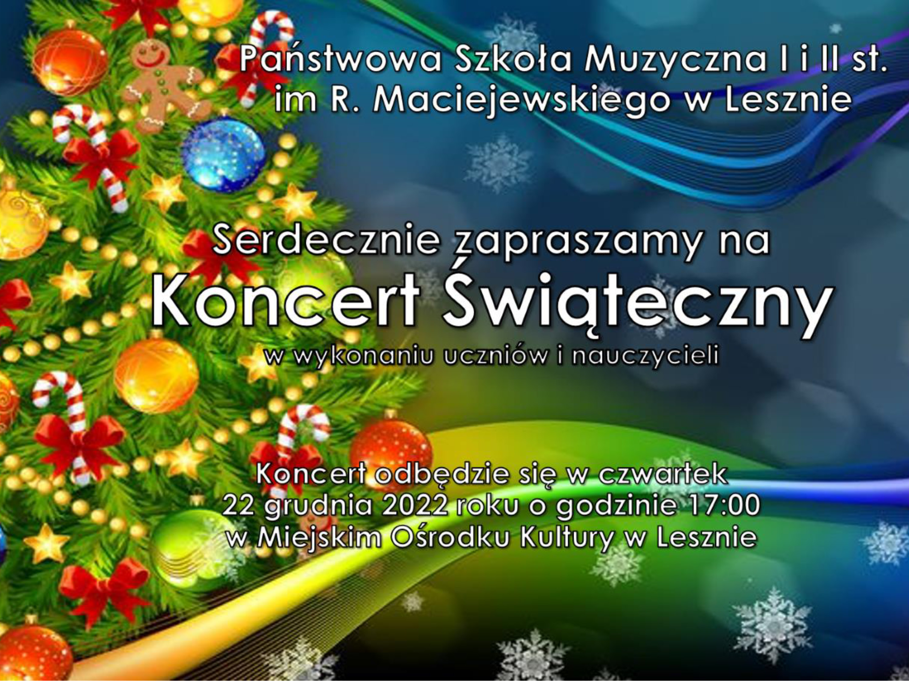 Plakat z białym napisem Koncert świąteczny na kolorowym tle z przyozdobiona choinką po lewej stronie.