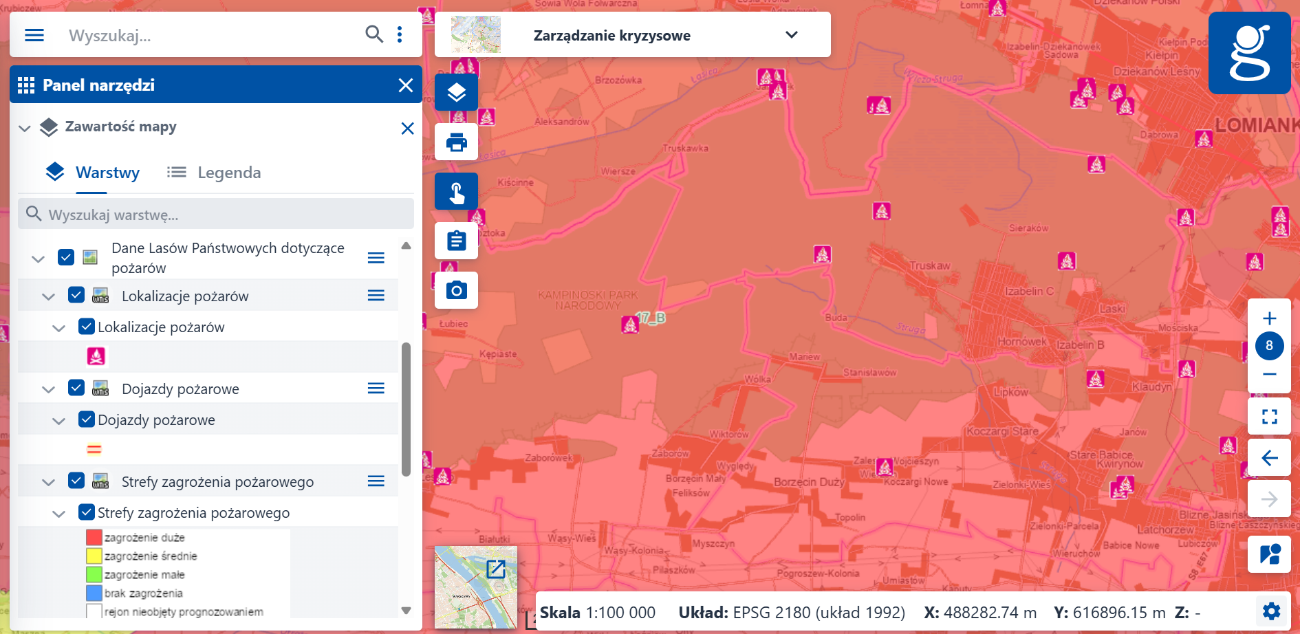 Zrzut ekranu z serwisu www.geoportal.gov.pl przedstawiający moduł Zarządzanie kryzysowe z włączoną warstwą - Dane Lasów Państwowych dotyczące pożarów – Lokalizacje pożarów, Dojazdy pożarowe, Strefy zagrożenia pożarowego