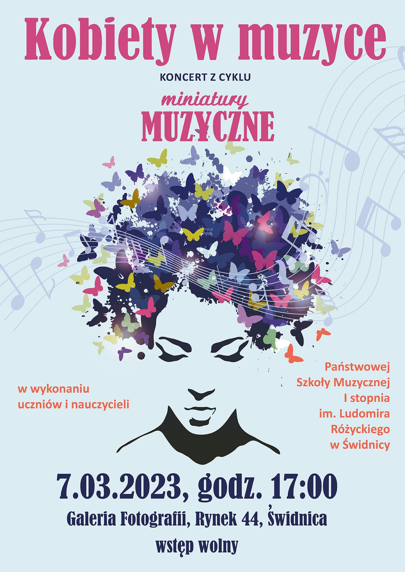 Plakat przedstawia na środku zarys postaci (kobiety), która na głowie posiada zamiast włosów latające motyle (różnokolorowe) i pięciolinię. Na górze plakatu czerwony napis - tytuł koncertu. Na dole czarny napis informacje dotyczące miejsca i czasu koncertu. Po bokach nazwa szkoły i wykonawcy konceru.
