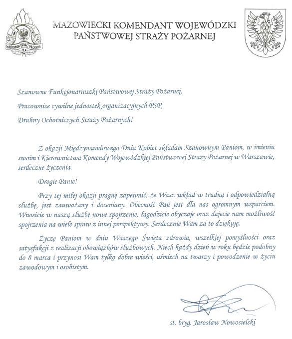 Życzenia Mazowieckiego Komendanta Wojewódzkiego z okazji Dnia Kobiet