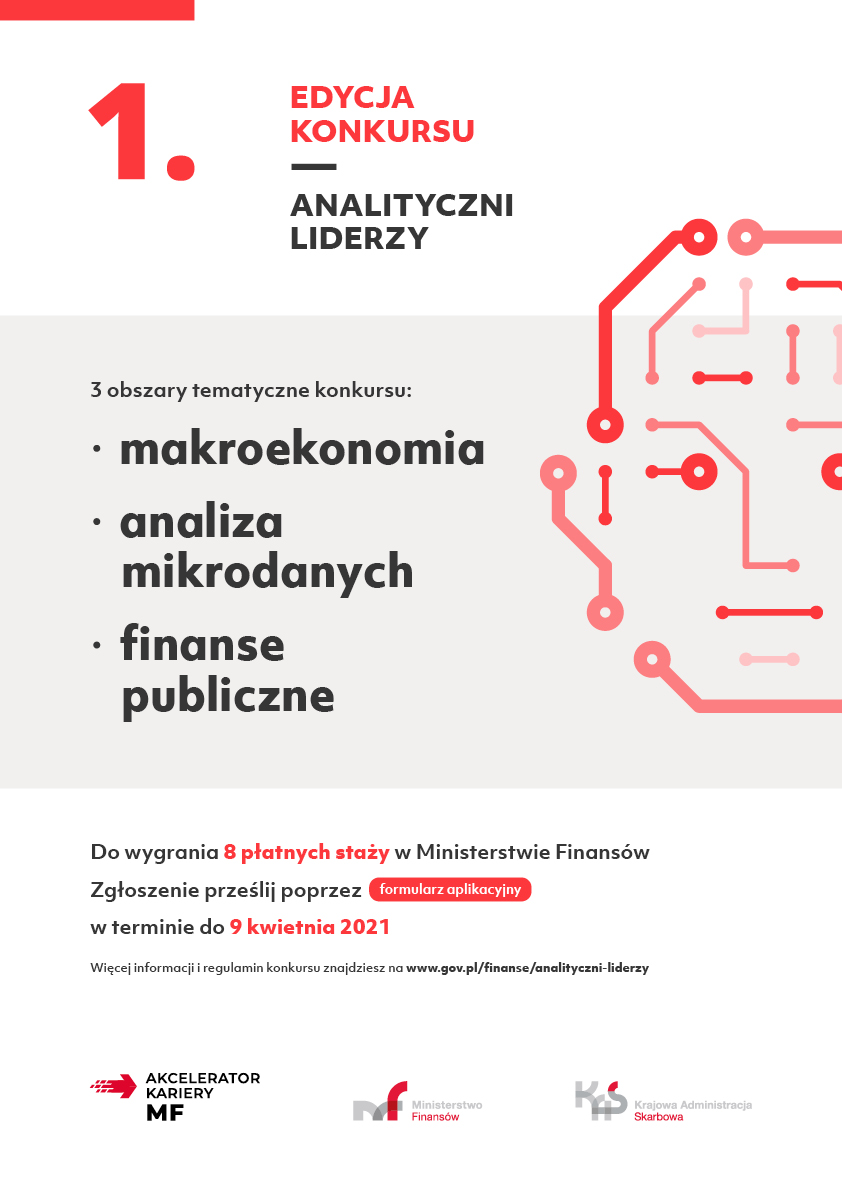 Plakat. Pierwsza edycja konkursu „Analityczni liderzy”. Trzy obszary tematyczne konkursu: makroekonomia, analiza mikrodanych, finanse publiczne. Do wygrania 8 płatnych staży w Ministerstwie Finansów. Zgłoszenie prześlij na: przez formularz aplikacyjny w terminie do 9 kwietnia 2021 r. Więcej informacji i regulamin konkursu znajdziesz na www.gov.pl/finanse/analityczni-liderzy