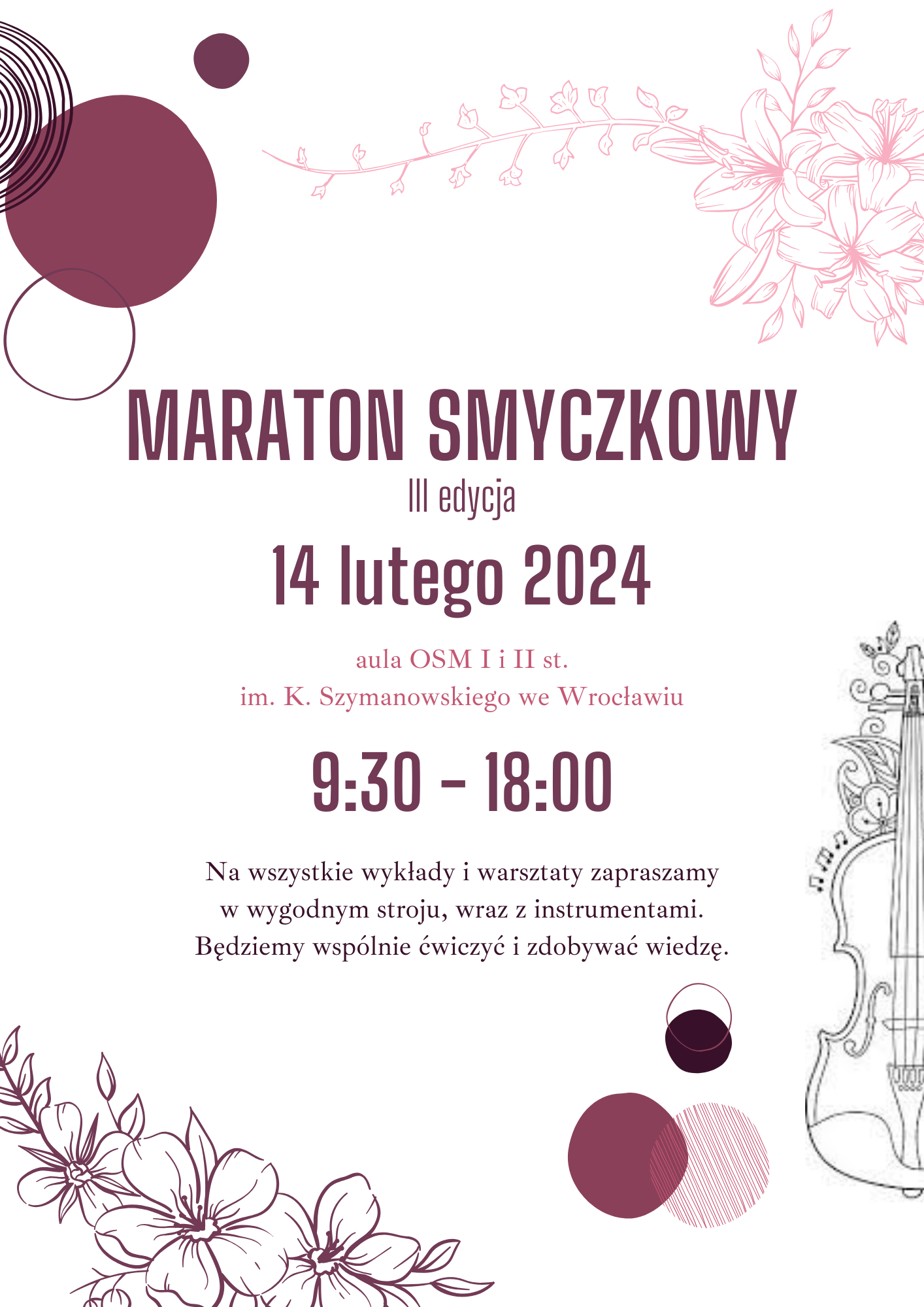 plakat w biało-bordowej tonacji zawierający elementy graficzne kwiatów i skrzypiec oraz datę i tytuł wydarzenia