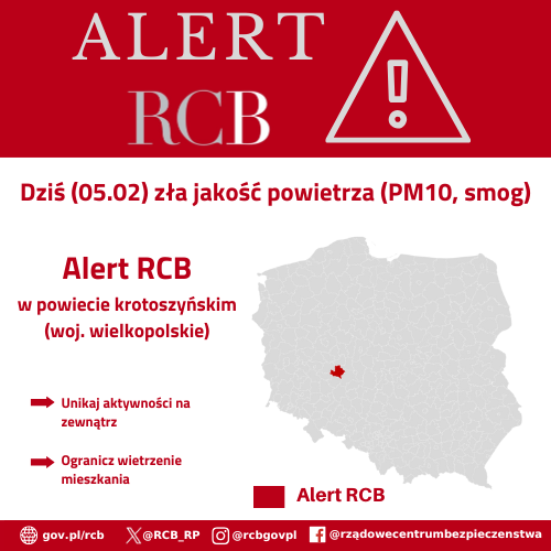 Alert RCB, zła jakość powietrza, 5 lutego. Kolorem czerwonym zaznaczony jest obszar alarmowania.