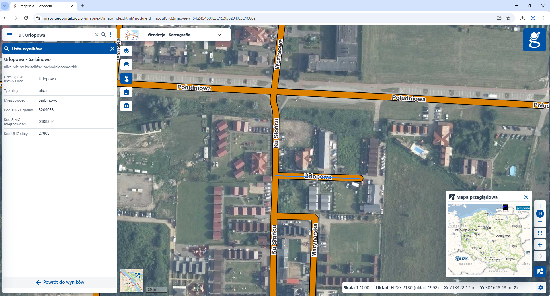 Zrzut ekranu z www.geoportal.gov.pl pokazujący ul. Urlopową w Sarbinowie