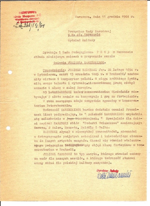 skan dokumentu - nadanie szkole imienia Juliusza Zarębskiego, dokument wydany w 1965 roku