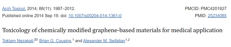 Zrzut ekranu ze strony www.ncbi.nlm.nih.gov/ z tytułem artykułu "Toxicology of chemically modified graphene-based materials for medical application".