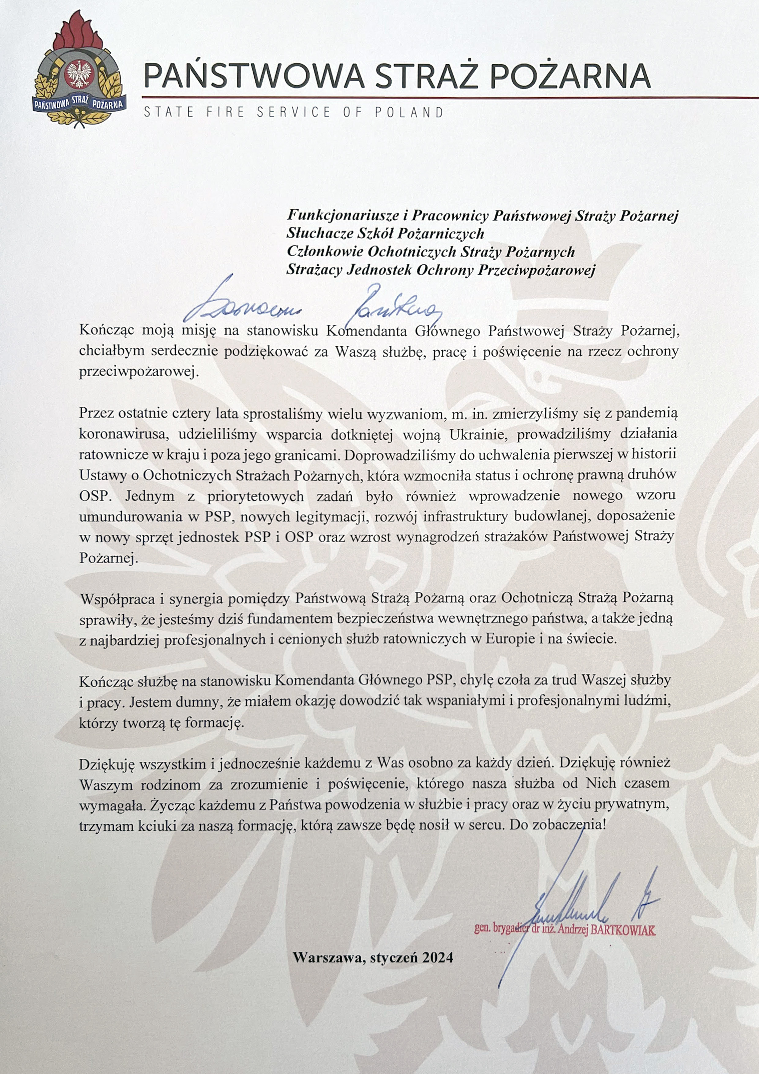 List Komendanta Głównego PSP