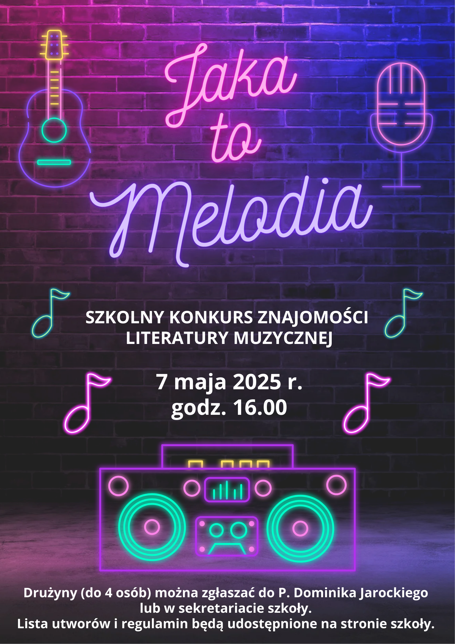 Plakat z szczegółową informacją dotyczącą konkursu jaka to melodia, który odbędzie się 07 maja 2025 r. w auli PSM w Kłodzku