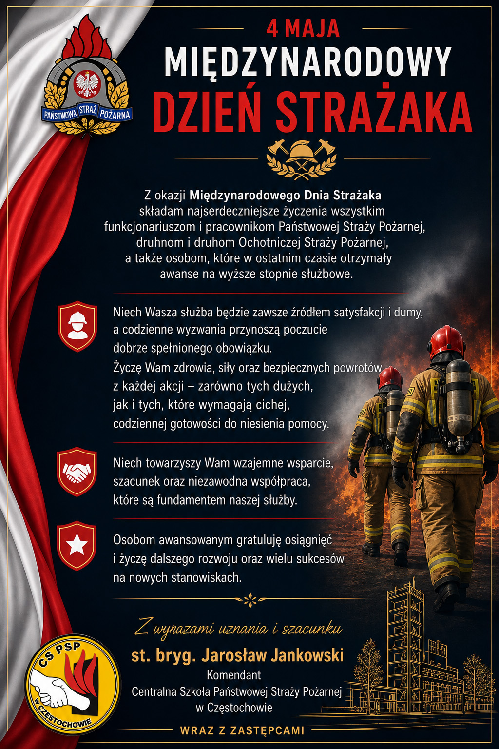 Okolicznościowa grafika z życzeniami z okazji Dnia Strażaka. Od góry po lewej logo PSP obok napis 4 maja Międzynarodowy Dzień Strażaka. Poniżej treść życzeń. Na dole logo Centralnej Szkoły PSP oraz nazwisko Komendanta CS PSP
