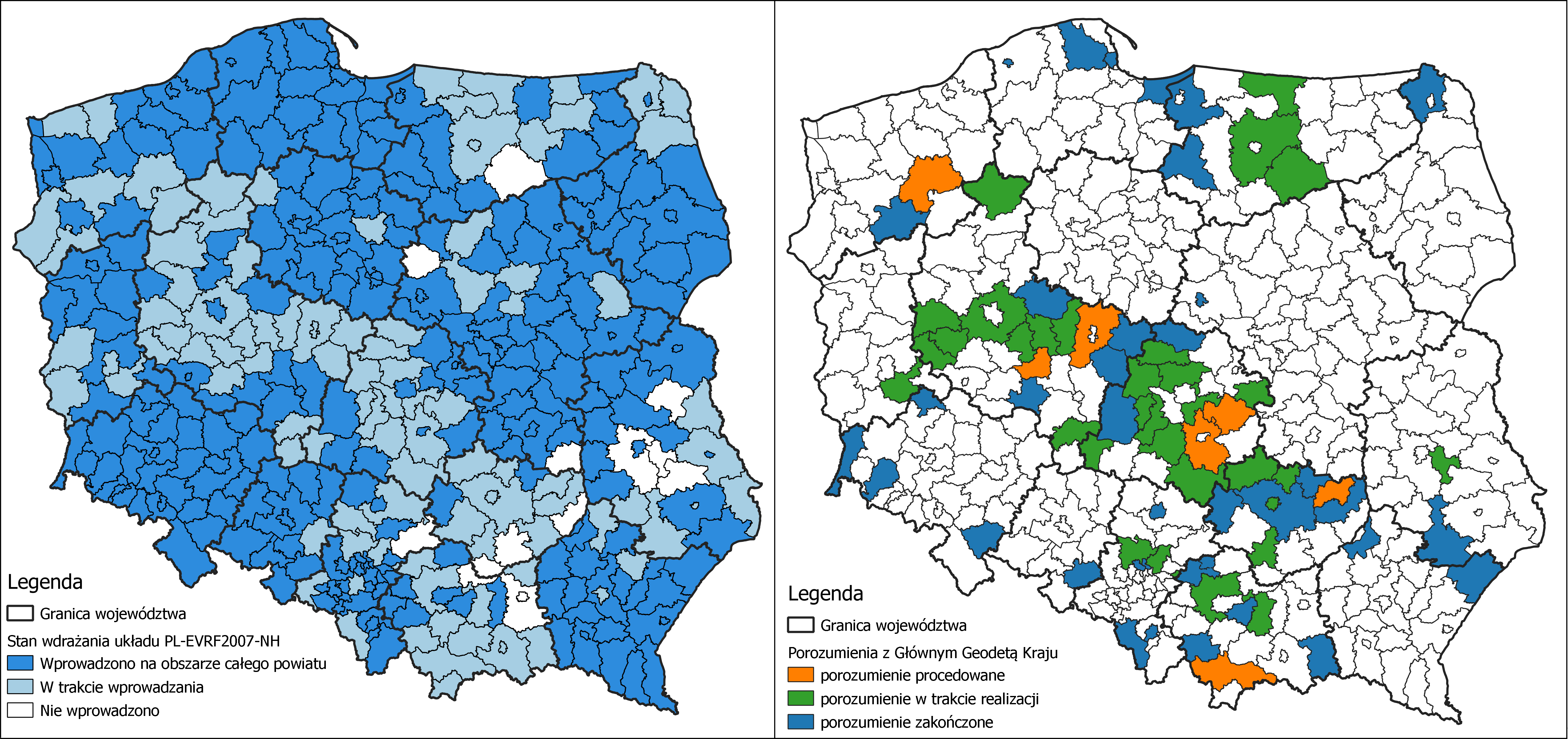 Ilustracja przedstawia zetawione obok siebie 2 mapy Polski z oznaczonymi kolorystycznie: stanem wdrażania układu PL-EVRF2007-NH w powiatach po lewej stronie i powiatami, z którymi zawarte zostało porozumienie po prawej stronie.