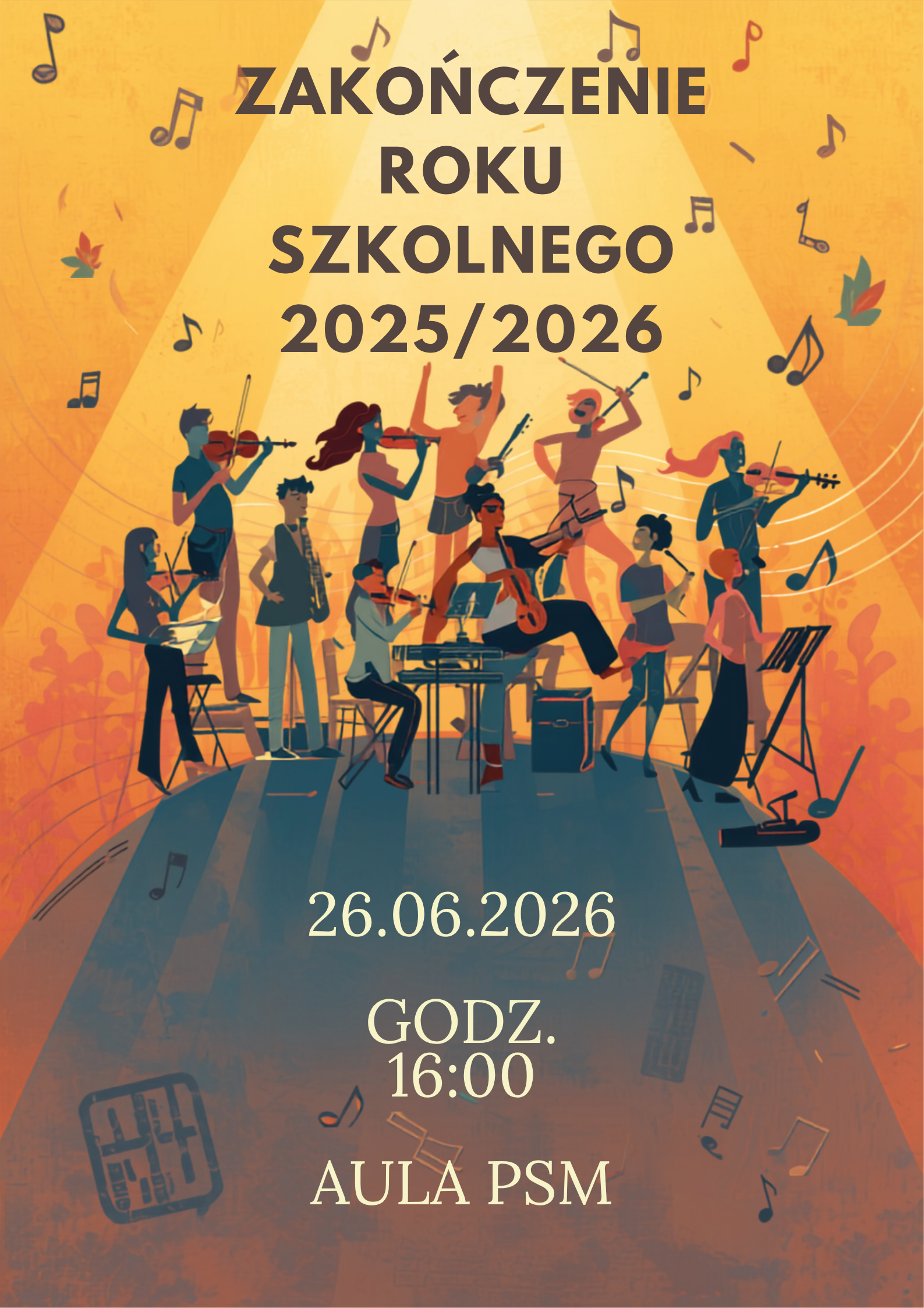 Plakat na którym widnieje informacja o zakończeniu roku szkolnego 2025/2026, w centralnej części widoczna jest ilustracja grupy muzyków grających na różnych instrumentach, takich jak skrzypce, gitara, saksofon, perkusja czy fortepian, postacie są oświetlone reflektorami, a wokół unoszą się nuty, co podkreśla muzyczny charakter wydarzenia, kolorystyka plakatu jest ciepła, z dominacją odcieni pomarańczowych i żółtych, co nadaje mu radosny i uroczysty charakter.